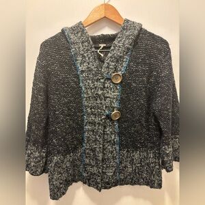 Free People hooded two button black/gray with blue stripe sweater.